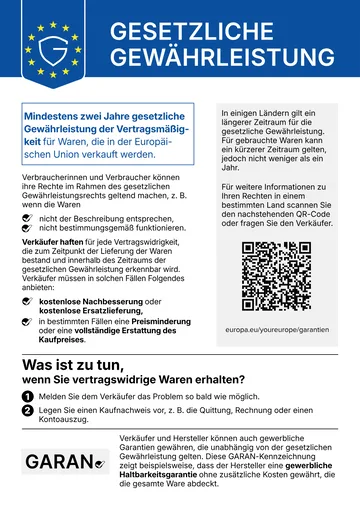 Gesetzliche Gewährleistung. Mindestens zwei Jahre gesetzliche Gewährleistung der Vertragsmäßigkeit für Waren, die in der Europäischen Union verkauft werden. Verbraucherinnen und Verbraucher können ihre Rechte im Rahmen des gesetzlichen Gewährleistungsrechts geltend machen, z. B. wenn die Waren nicht der Beschreibung entsprechen oder nicht bestimmungsgemäß funktionieren. Verkäufer haften für jede Vertragswidrigkeit, die zum Zeitpunkt der Lieferung der Waren bestand und innerhalb des Zeitraums der gesetzlichen Gewährleistung erkennbar wird. Verkäufer müssen in solchen Fällen kostenlose Nachbesserung oder kostenlose Ersatzlieferung anbieten, in bestimmten Fällen eine Preisminderung oder eine vollständige Erstattung des Kaufpreises. In einigen Ländern gilt ein längerer Zeitraum für die gesetzliche Gewährleistung. Für gebrauchte Waren kann ein kürzerer Zeitraum gelten, jedoch nicht weniger als ein Jahr. Weitere Informationen: europa.eu/youreurope/garantien. Was ist zu tun, wenn Sie vertragswidrige Waren erhalten? 1. Melden Sie dem Verkäufer das Problem so bald wie möglich. 2. Legen Sie einen Kaufnachweis vor, z. B. die Quittung, Rechnung oder einen Kontoauszug. Verkäufer und Hersteller können auch gewerbliche Garantien gewähren, die unabhängig von der gesetzlichen Gewährleistung gelten.